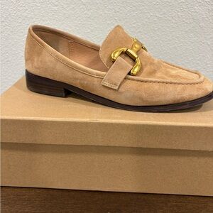Suede Tan Loafers with Gold Hardware - Women's Slip-On